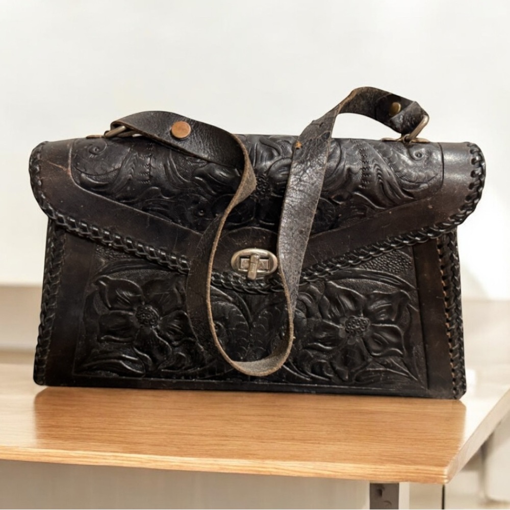 Vintage Black Floral Embossed Shoulder Bag